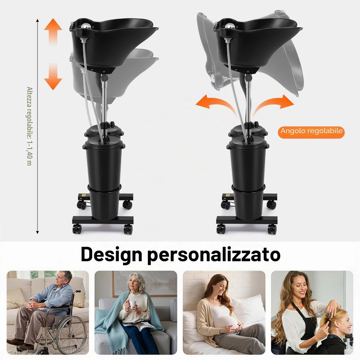 Lavandino portatile da parrucchiere con 2 secchi d'acqua, lavabi retromarcia, regolabile in altezza, portatile, per la casa, salone, parrucchiere, nero