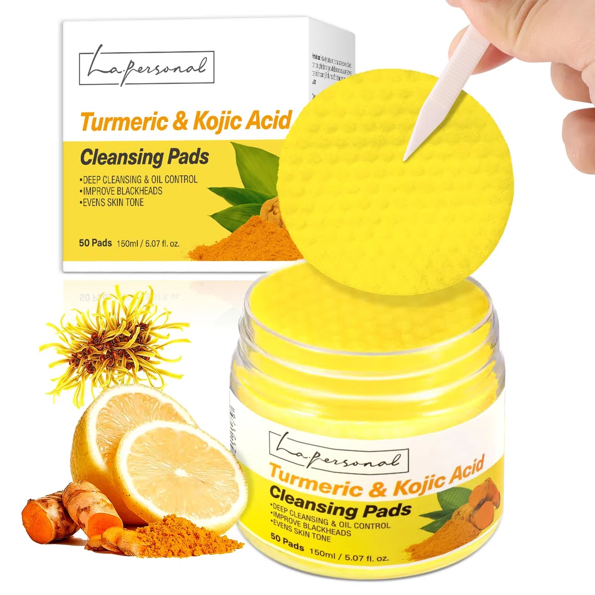 LA.PERSONAL Dischetti Detergenti, Dischetti Pulizia Viso, per Brufoli e Punti Neri, Pad Esfolianti Curcuma, per Macchie Scure, Pelle Opaca & Sbloccare i Por, Liscio e Luminoso, 50 Pezzi