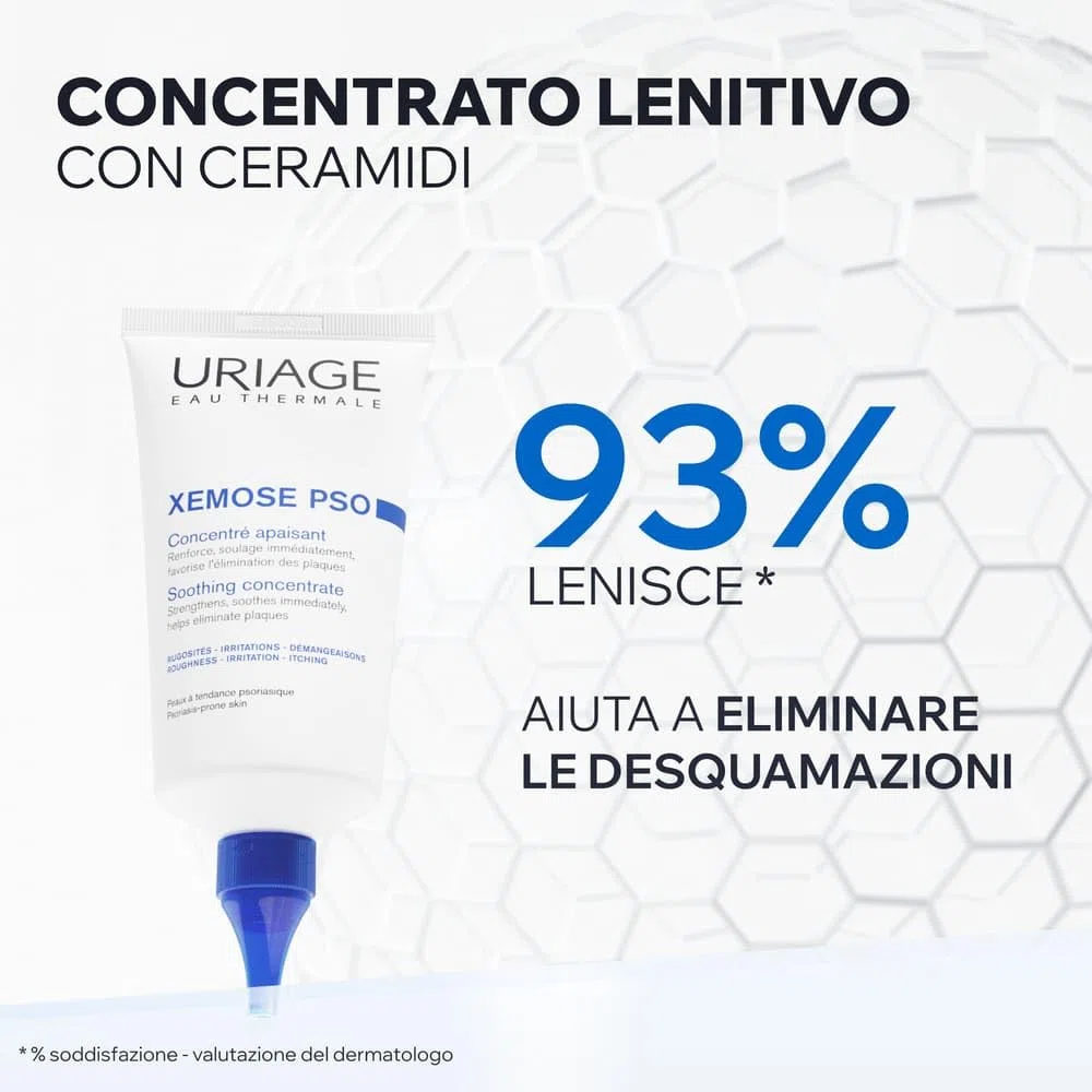 Uriage Xemose Concentrato lenitivo per pelle soggetta a psoriasi con burro di karité - Lenisce il prurito, contribuisce a eliminare squame e placche - Fluido leggero a rapido assorbimento