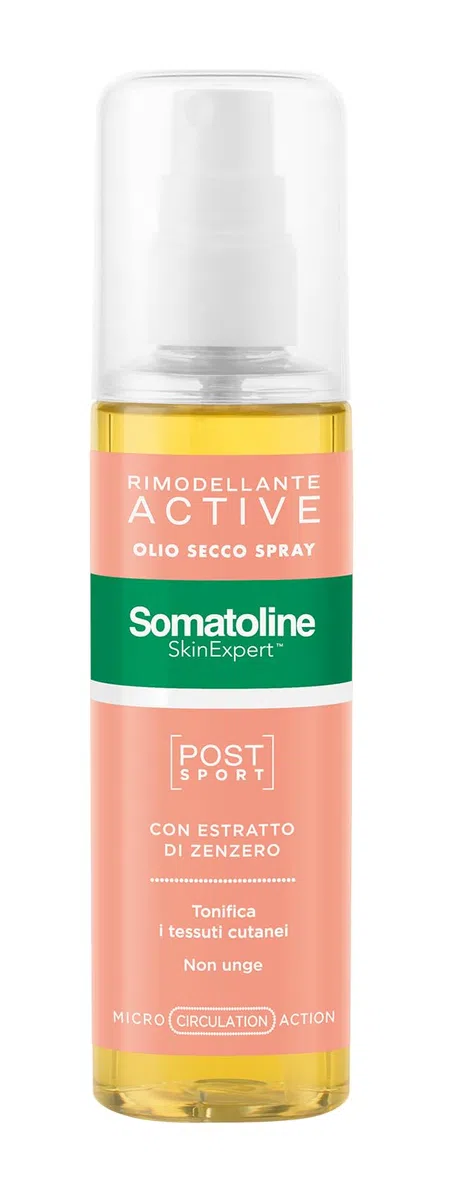 Somatoline SkinExpert, Rimodellante Active Olio Secco Spray Post-Sport, Trattamento Gambe Rimodellante, con Estratto di Zenzero, 125ml