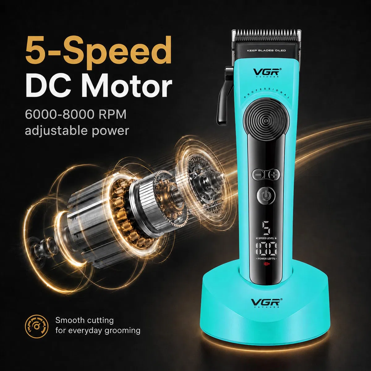 VGR 199 Tagliacapelli professionale senza fili per uomo, 5 velocità, display a LED, ricaricabile con base di ricarica e 6 pettini guida – Kit da barbiere per la casa, verde