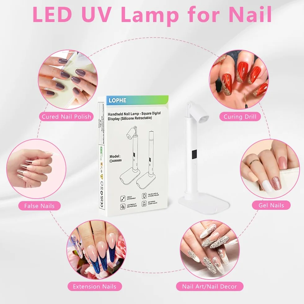 LOPHE Mini Lampada UV LED Unghie, Mini Lampada per Unghie UV LED con Supporto, Lampada Unghie Portatile USB con Display Digitale, Lampade UV per Smalti Gel, DIY, Salone di Casa(Piazza-Bianco)
