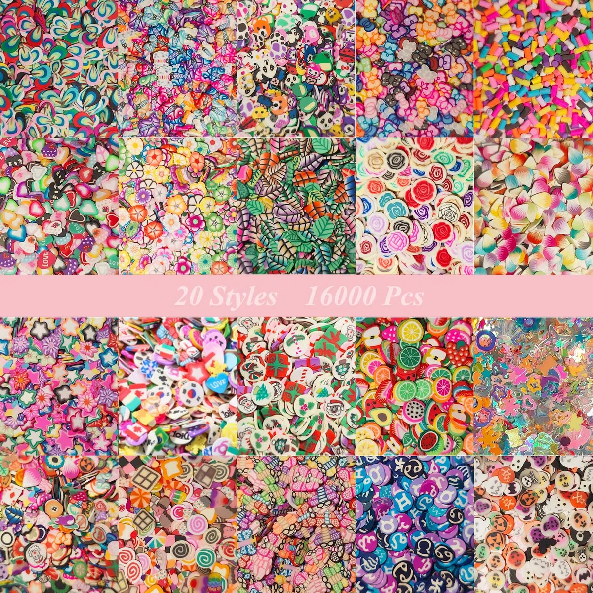 16000 pezzi (20 stili) Charms di Fette d'argilla, VEINARDYL Fette di arte del chiodo Argilla polimerica 3D Frutto Cuore Fiore per l'artigianato Produzione di melma di resina Decorazione del cellulare