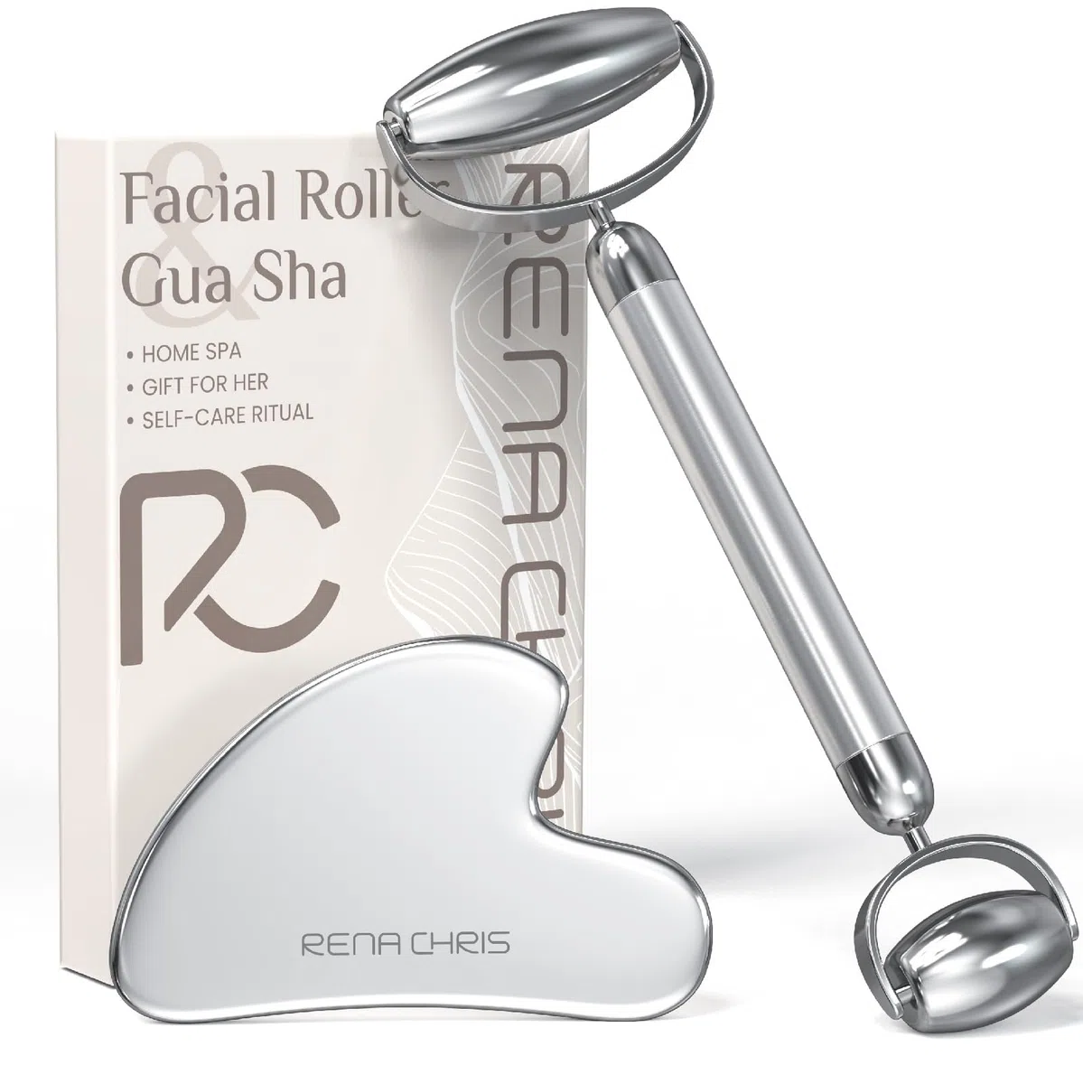 Rena Chris Gua Sha e Rullo in Acciaio Inox per il Viso, Massaggiatore Lifting e Guasha Viso, Scolpire la Mascella e Ridurre le Borse, Idea Regalo Perfetta, Bellezza e Skin Care Kit(Argento)