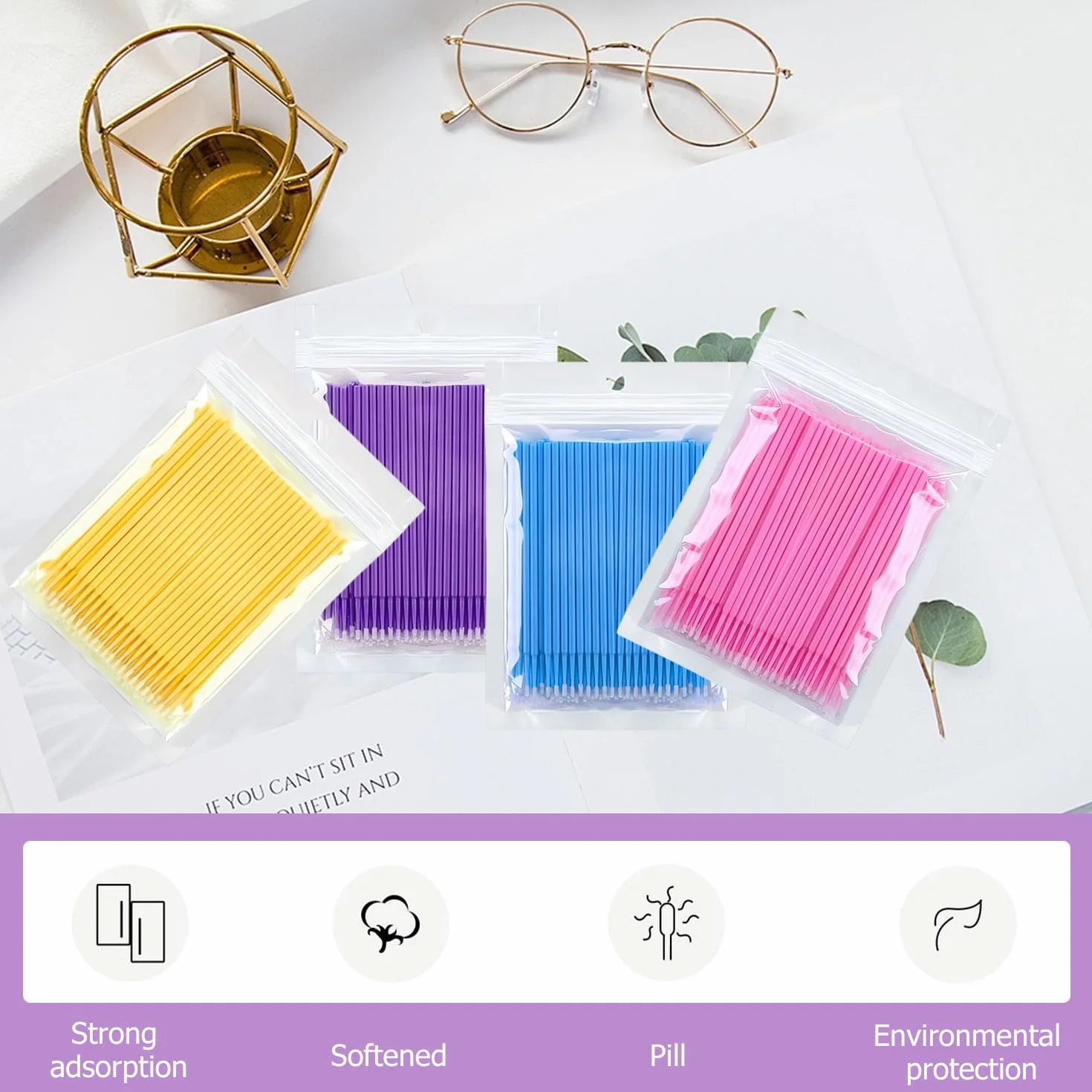 Xmart 800 Pezzi Microbrush per Ciglia Estensioni Spazzole Bacchette Microbrush Micro Applicatori a Pennello Cotton Fioc per Extension Ciglia Rimozione Trucco Nail Art Pittura (Blu Viola Giallo Rosa)