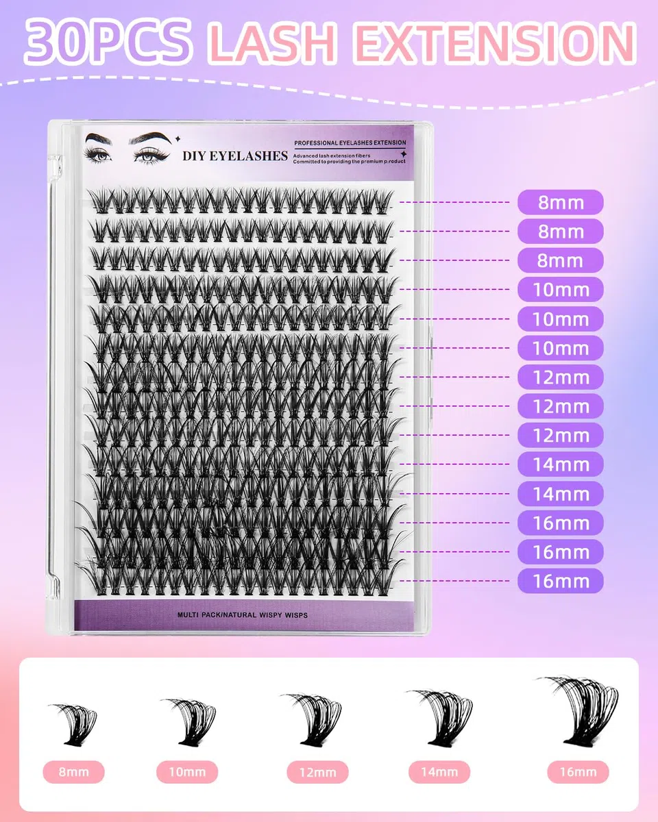 280 Pezzi Ciuffetti Ciglia Finte Kit di Estensioni Ciglia, Ciglia Finte Cluster, Lash Extension Kit con Colla e Pinzette, Individuale Lashes Kit per Uso Personale e Domestico (30D Curl 8-16mm)