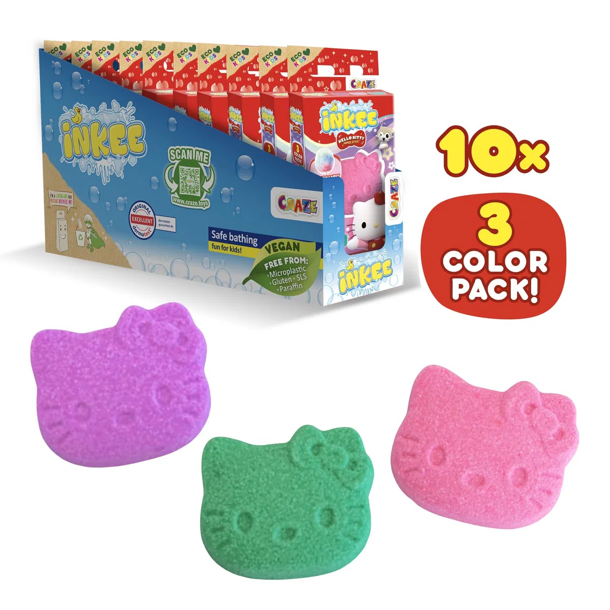 INKEE Mini Pack Hello Kitty, Display da 10 Set di 3 Bombe da Bagno per Bambini con le Forme dei Personaggi di Hello Kitty e Aroma di Zucchero Filato