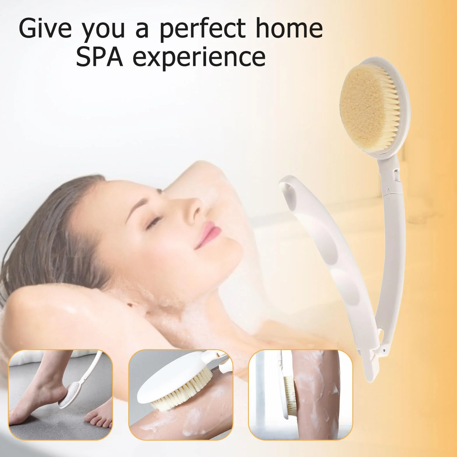 3 in 1 Spazzola per la schiena Doccia, con manico lungo pieghevole, applicatore per lozione da doccia, con testine intercambiabili (spugna, nylon, pietra pomice)