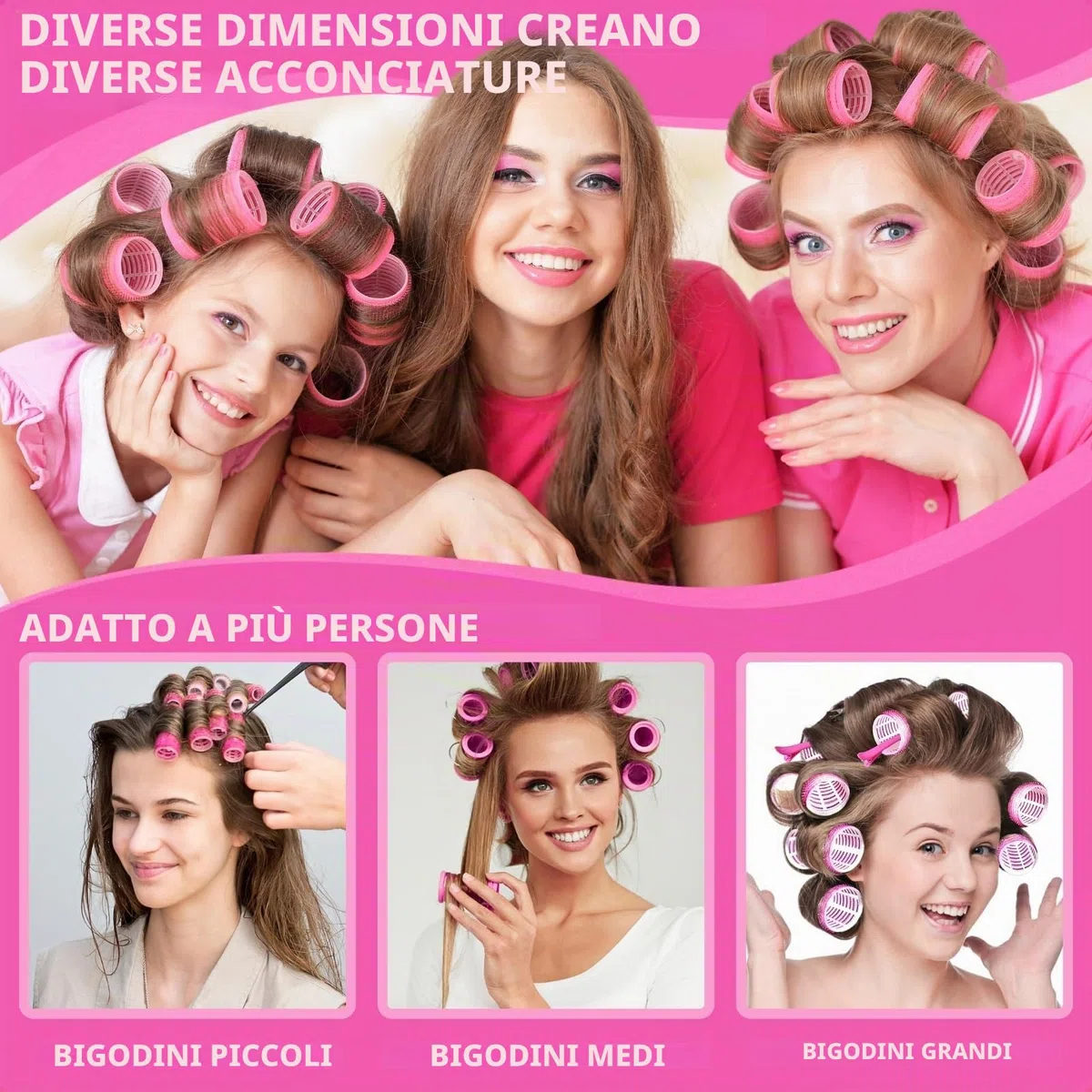 KEYRI Set di 48 bigodini Jumbo grande, autoadesivo, con fermaglio per capelli, ricci fai da te, senza calore, per parrucchieri lunghi e medi (rosa, 3 misure)