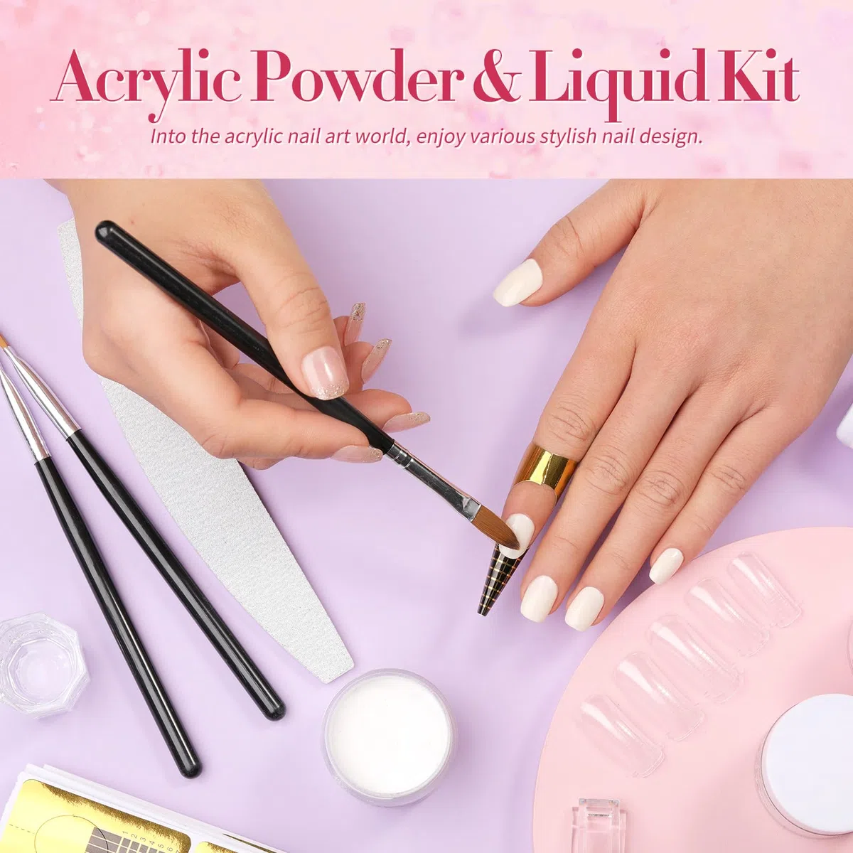 BORN PRETTY Set di Polveri Acriliche per Unghie, 30ml di Polvere Acrilica per Unghie Colore Bianco Rosa Chiaro e Liquido 60 ml di Acrilico liquido, Kit con 5 Pezzi Pennello Acrilico