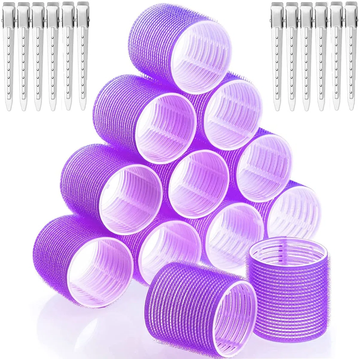 24 pezzi Bigodini Set, 12 Pezzi 48MM Bigodini Grandi Rulli Non Riscaldati Autoadesivi con 12 Pezzi Acciaio Inossidabile Fermagli, per Capelli Lunghi e Corti
