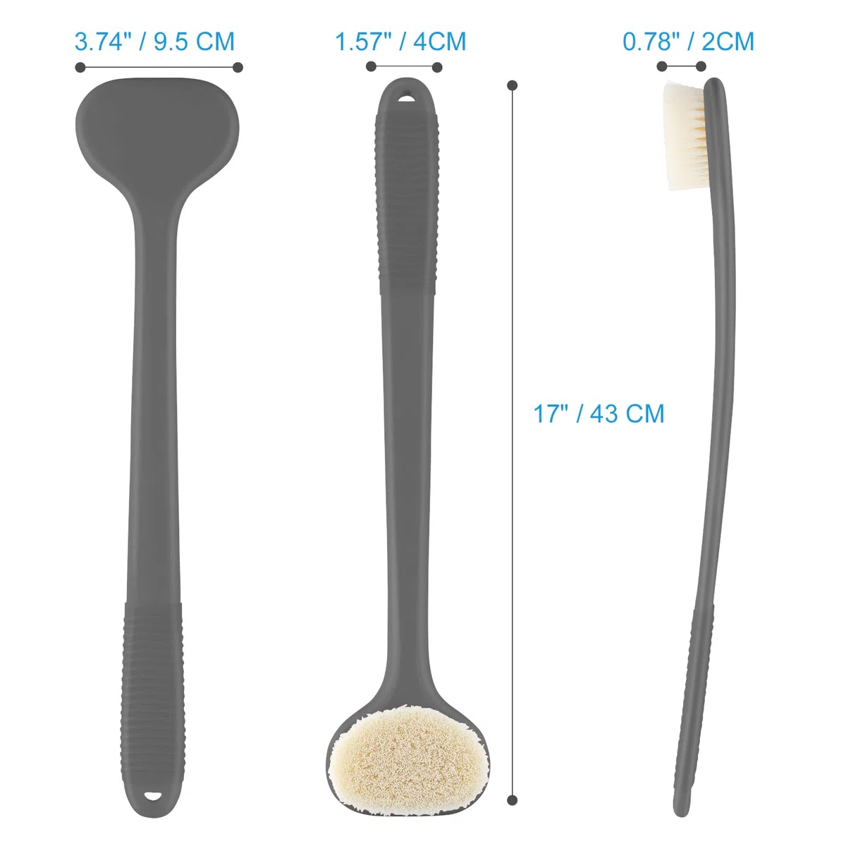 VANZAVANZU Spazzola per la schiena per doccia, bagno con manico antiscivolo lungo 43 cm, spazzola per il corpo per la pulizia del corpo, spazzola per la schiena per uomini e donne, grigio