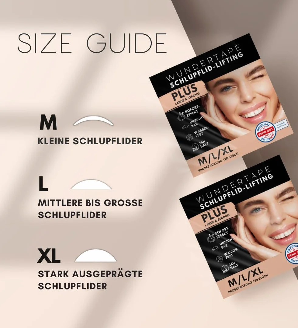 WUNDERTAPE Strisce adesive trasparenti & Strong per lifting delle palpebre senza chirurgia. (impermeabile, tenuta 24 ore, doppio nastro per lifting delle palpebre) (120 M + L + XL)