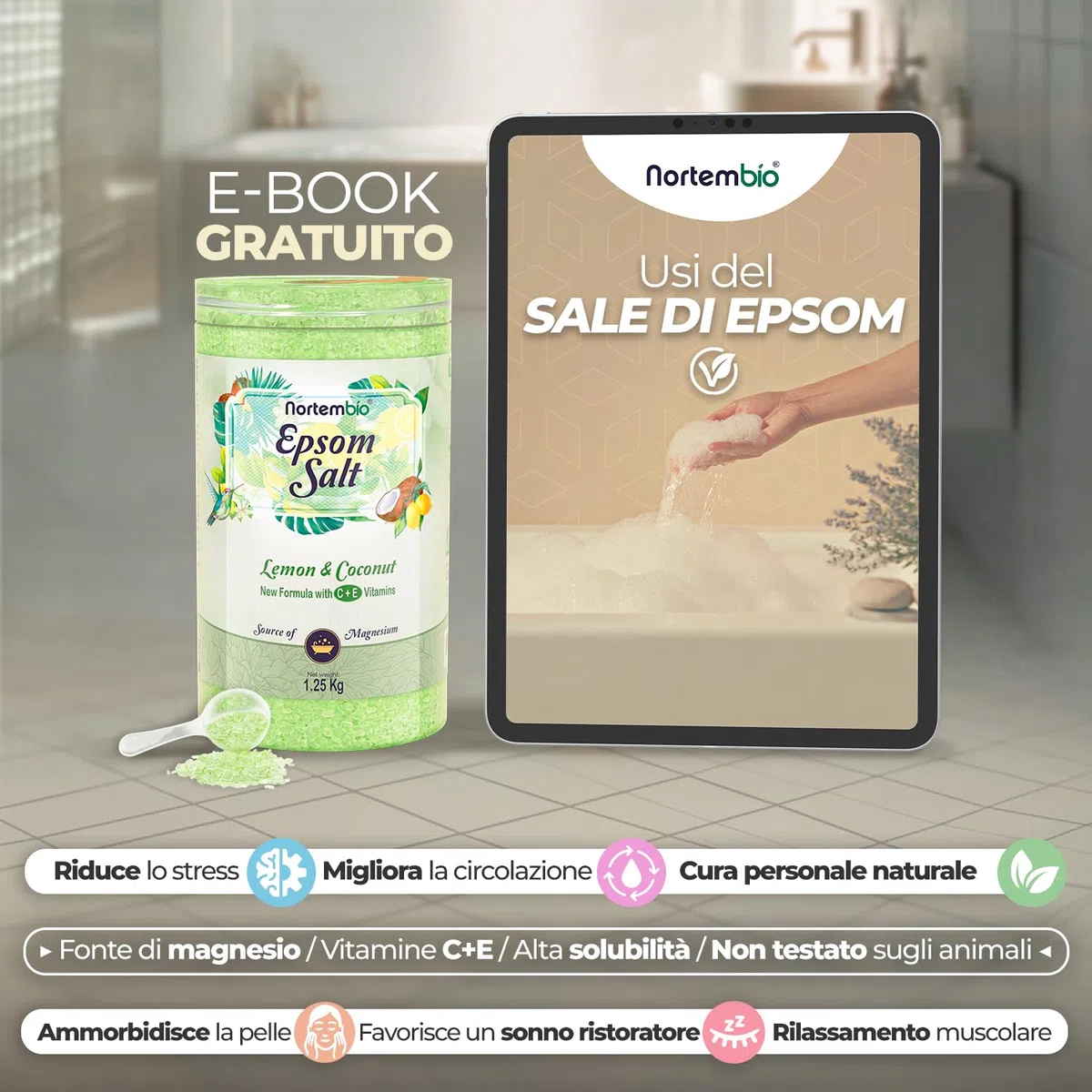 Nortembio Sali di Epsom 100% Fragranza Limone e Cocco 1,25 kg – Fonte Naturale di Magnesio | Con Vitamina C ed E Idratante | Per Bagni Rilassanti, Spa e Cura della Pelle + E-Book Gratuito