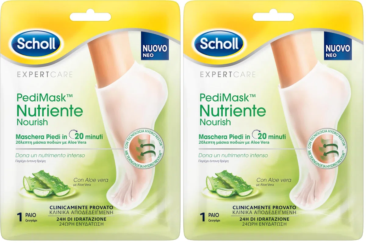 Scholl Pedimask Nutriente con Aloe Vera, Maschera Piedi ad Azione Idratante e Rigenerante, 1 Paio Di Calzini Idratanti per Piedi Lisci e Morbidi, Tempo di Posa 20 Minuti (Confezione da 2)
