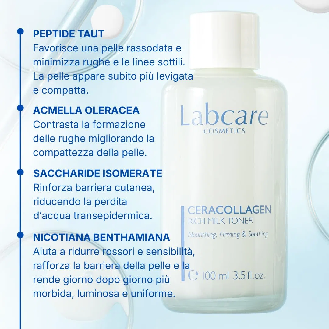 Labcare Ceracollagen Milk Toner - 3 Prodotti in 1: Tonico, Essence e Idratante Liquido Anti-Age con Peptidi Biomimetici e Ceramidi - 100ml