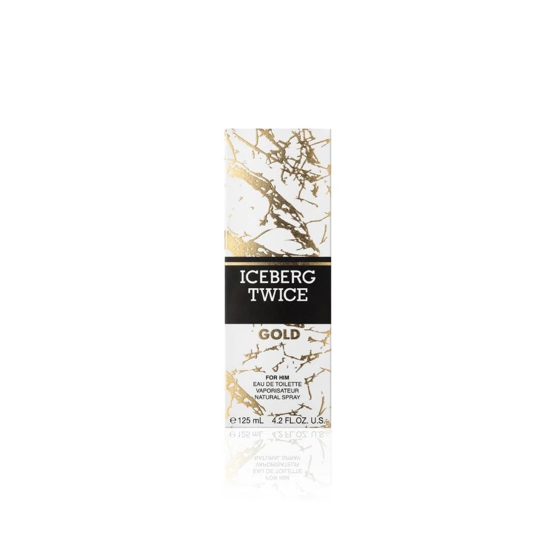 ICEBERG Twice Gold – Eau de Toilette 125 ml, Profumo da Uomo Opulento dalle Note Legnose e Vellutate, Lussuoso Flacone Cilindrico Effetto Marmo, Per Gli Uomini che Amano Vivere Intensamente