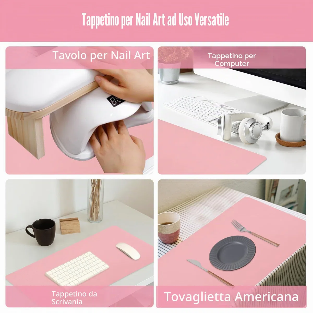60 x 30 cm, per nail art, colore rosa, tappetino da tavolo, in morbida pelle PU, impermeabile, double face, per nail art (solo opaco, non poggiapolsi)