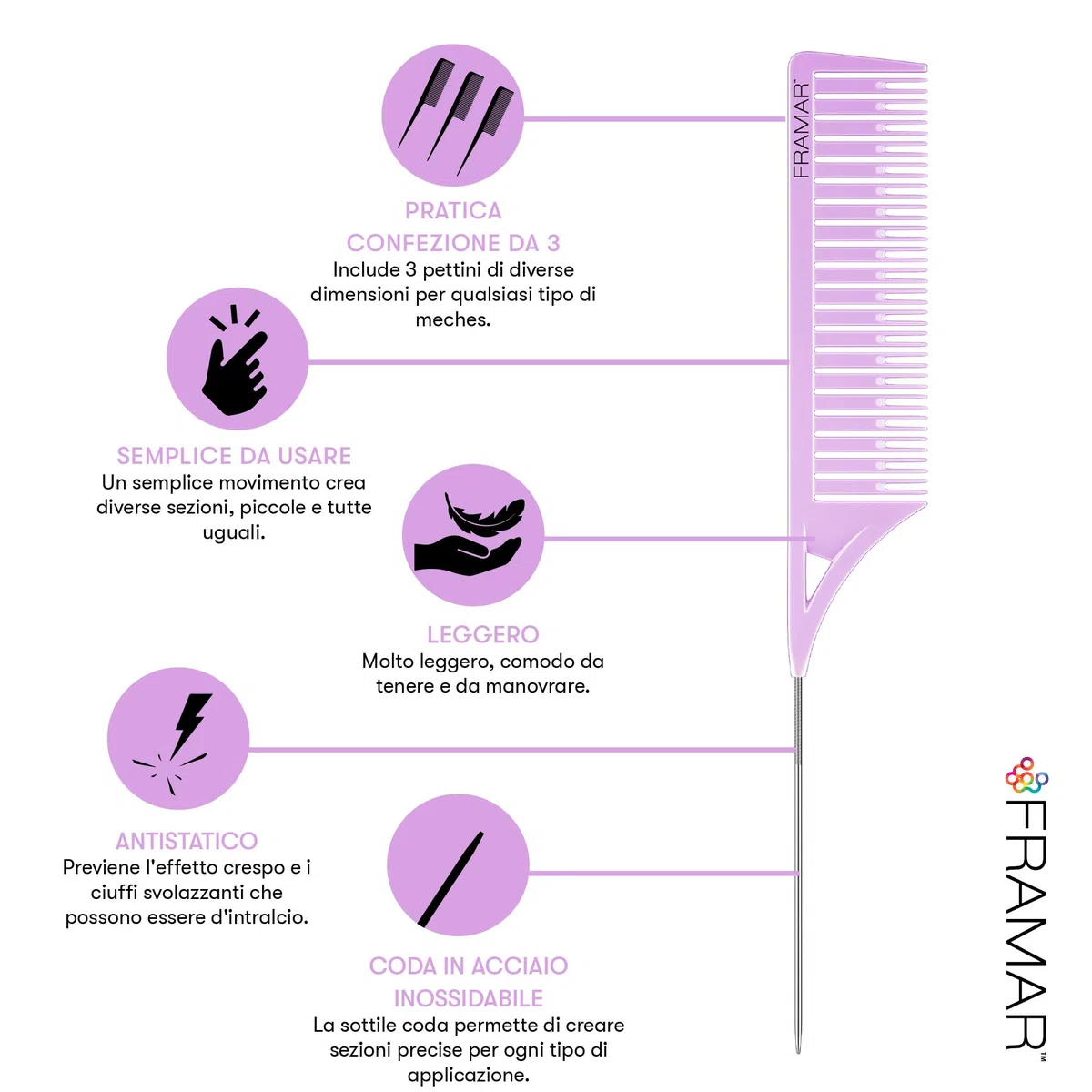 FRAMAR Dreamweaver Set di pettini per highlighter – Pettine per capelli a coda di topo con coda in metallo, pettine per parrucchiere, pettine a coda di spillo – Confezione da 3 pastelli