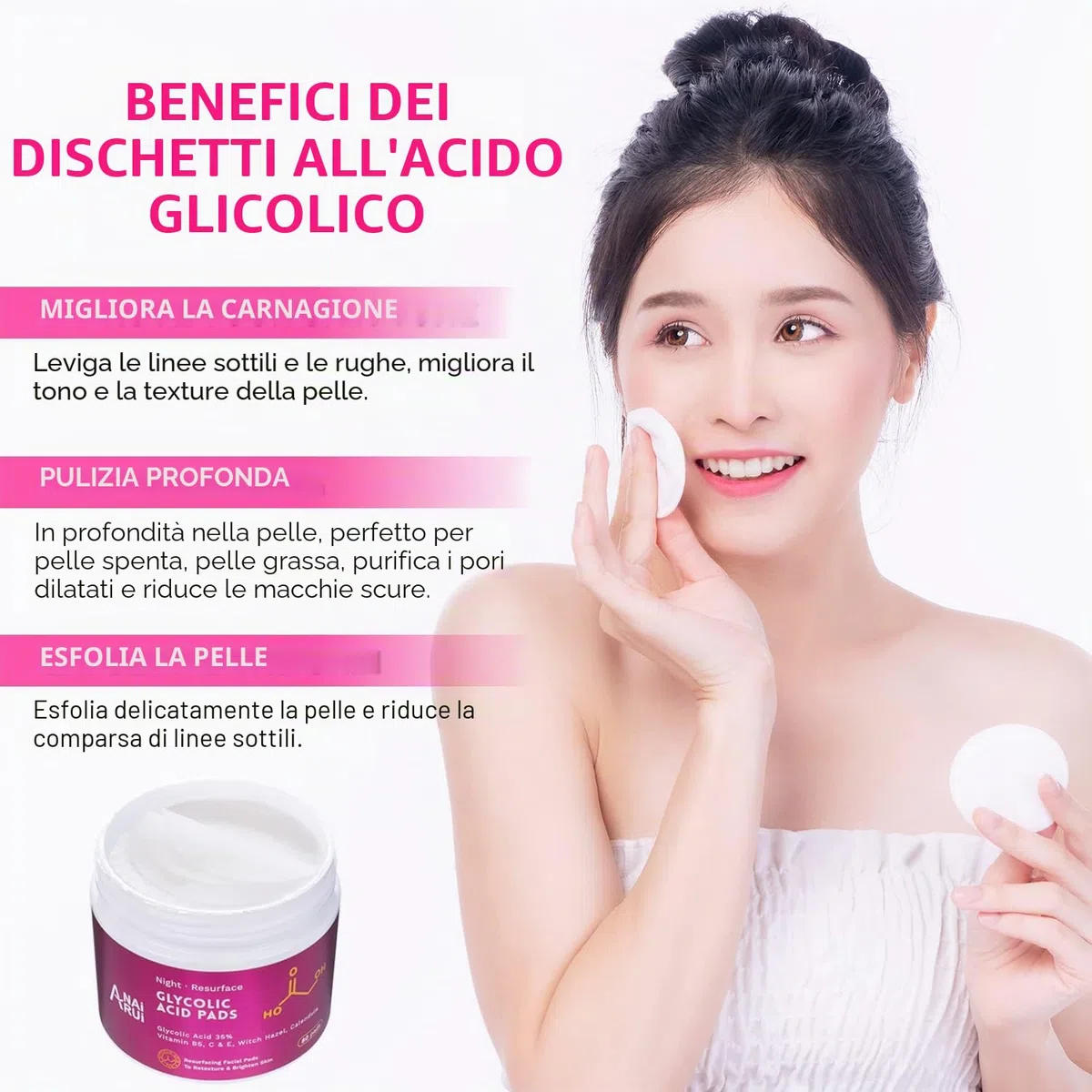 ANAiRUi Dischetti esfolianti all'acido glicolico, Acido glicolico Peel Pads 35% AHA Resurfacing Pad viso, peeling viso per macchie scure, acne, 80 pads