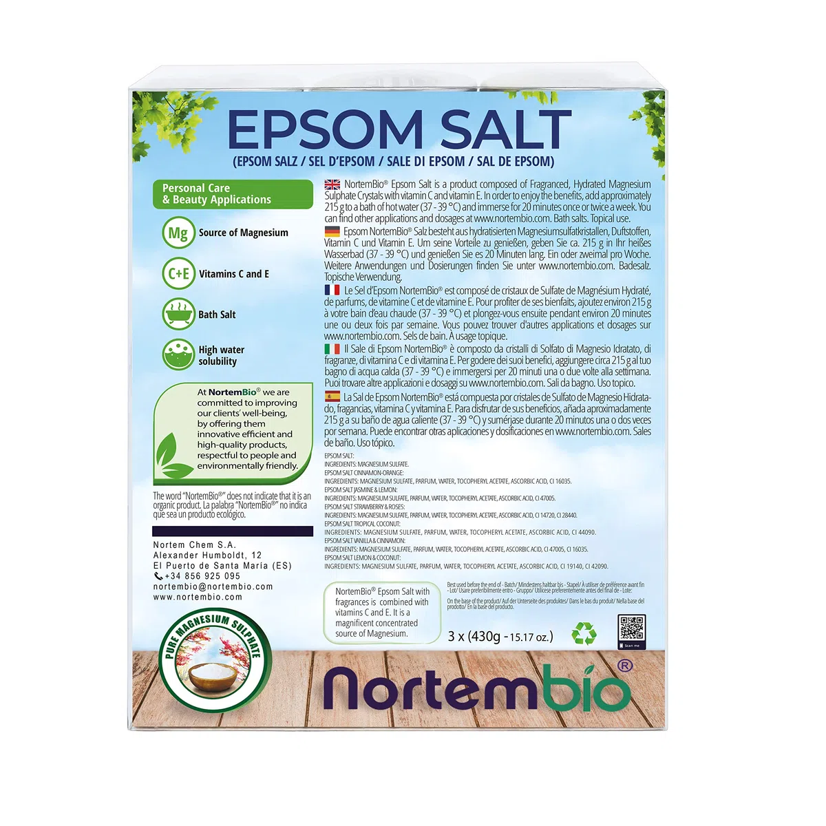 Nortembio Sali di Epsom Confezione Regalo Fragranze Vaniglia, Rose, Limone 3 x 430 g | Magnesio Naturale con Vitamine C ed E | Bagni Rilassanti, Spa, Idratazione + E-Book Gratuito