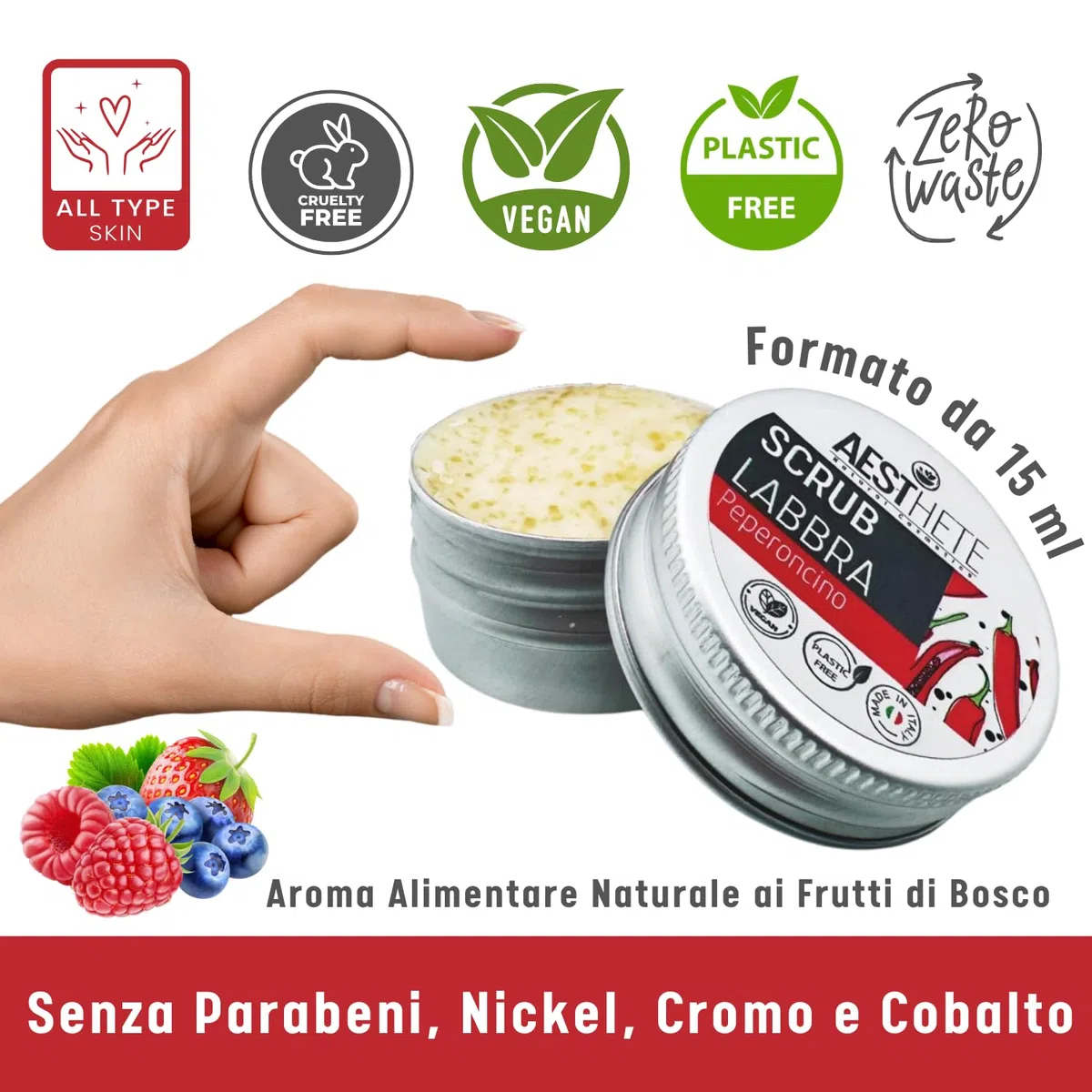 Scrub Labbra Esfoliante Naturale al Peperoncino 15ml – Idratante e Levigante con Aroma Frutti di Bosco Vegan e Biologico | Per Labbra Morbide Senza Pellicine | Made in Italy