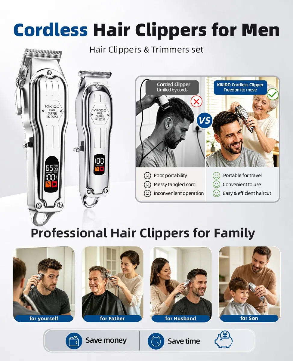 Hair Clippers Professional Cordless for Men, Barber Clippers for Hair Cutting Kit, Wireless Display LCD Display Hair Trimmers Set Rechargeable Haircut Machine for Family