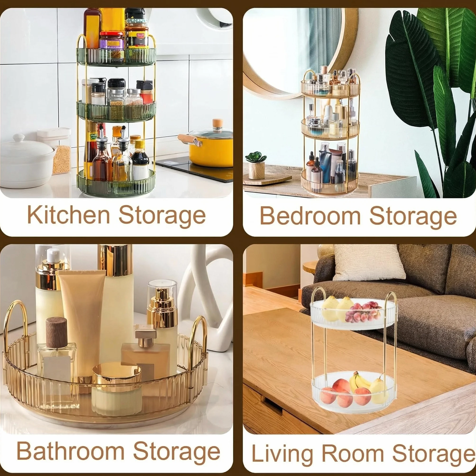 Organizzatore per trucchi rotante a 360 gradi, organizer per cosmetici per la cura della pelle, organizer per profumi, spezie, per comò, camera da letto, bagno (2 ripiani, oro)
