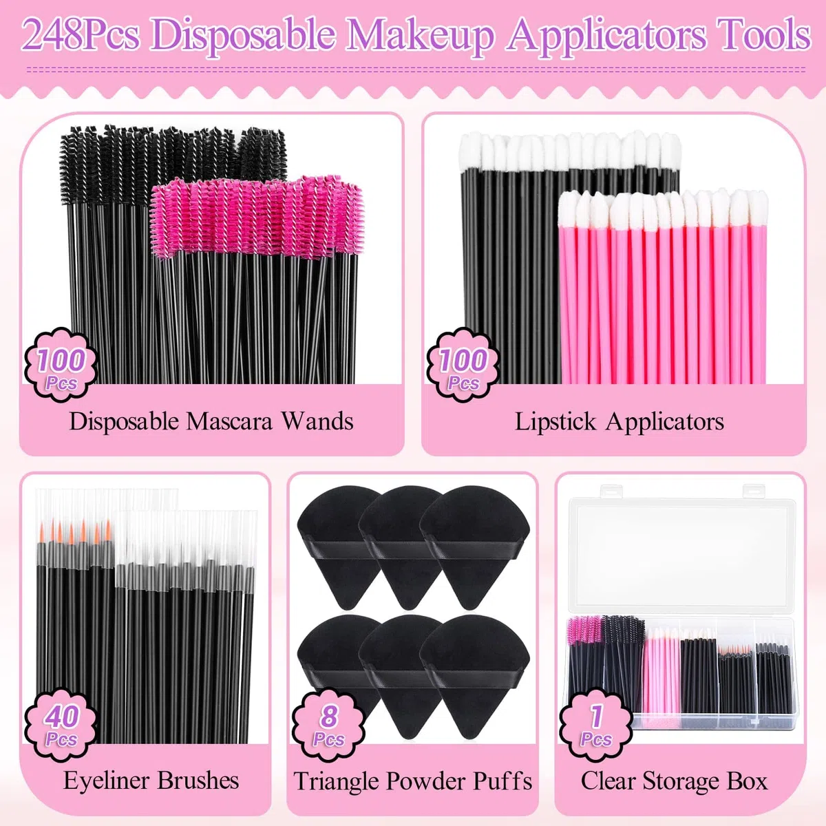 248 applicatori usa e getta per trucco con spugnette triangolari, bacchette per mascara, pennelli per labbra/eyeliner, kit usa e getta per truccatori