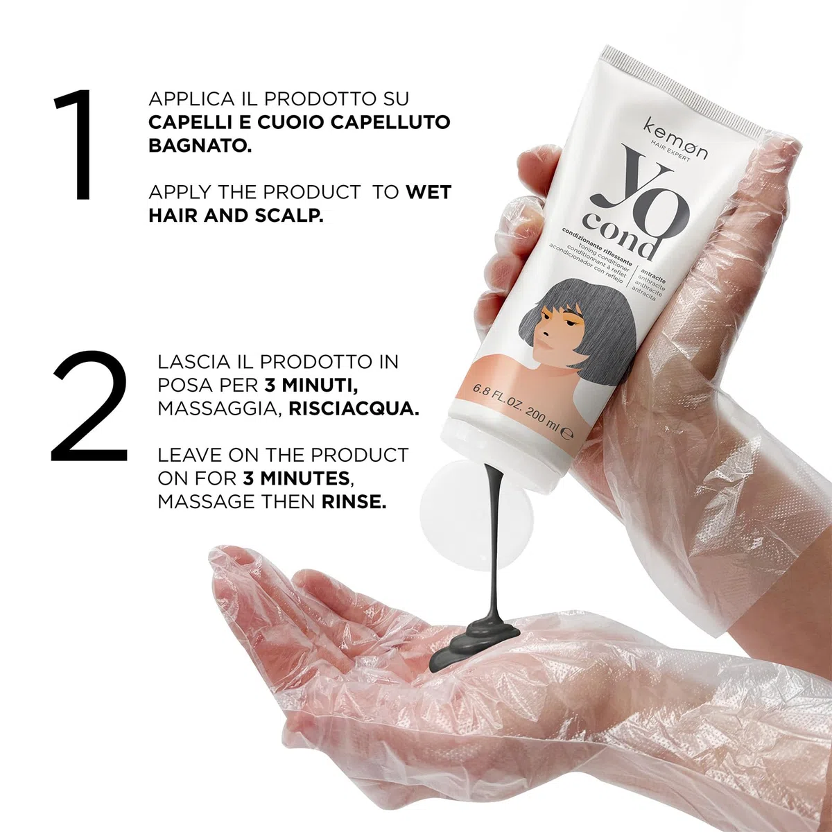 Kemon Yo Cond Antracite - Maschera Riflessante Professionale con Formula YoVeg e Velian Complex, Nutre e Illumina i Capelli in 3 Minuti, 88% Ingredienti Naturali, 200 ml