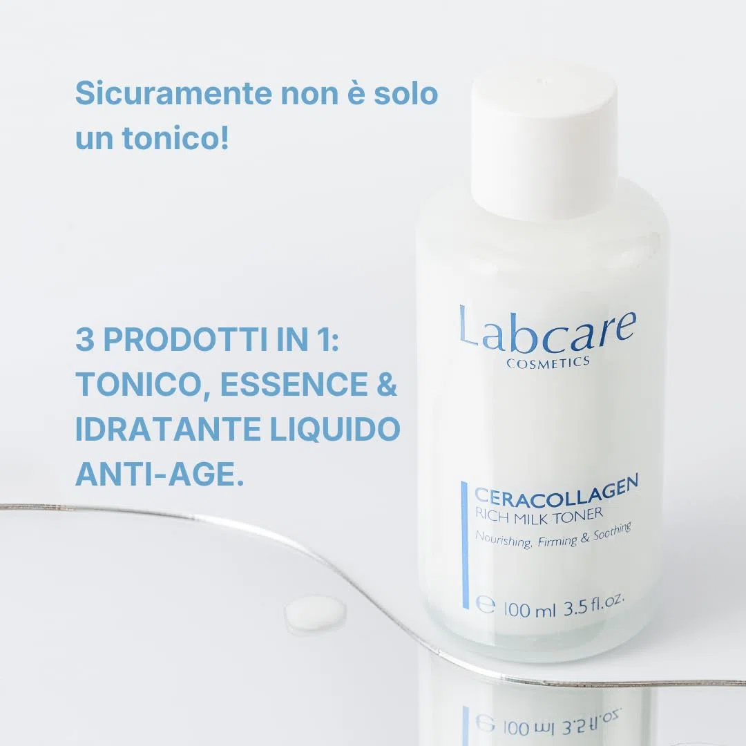 Labcare Ceracollagen Milk Toner - 3 Prodotti in 1: Tonico, Essence e Idratante Liquido Anti-Age con Peptidi Biomimetici e Ceramidi - 100ml