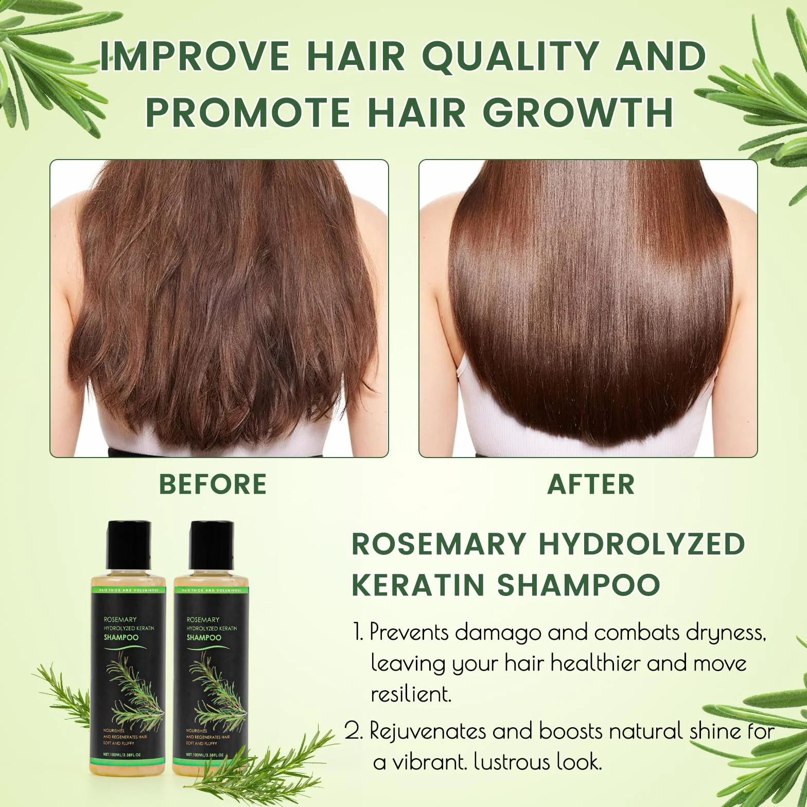 Shampoo al rosmarino per la crescita dei capelli, naturale Rosemary Hydrolyzed Keratin Shampoo da donna per rafforzare i capelli fini e la caduta dei capelli, ammorbidito e fluffy Cleansing