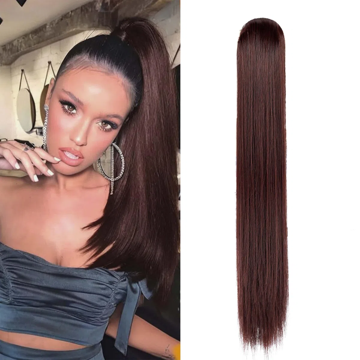60cm Coda Finta Capelli Extension Lisci con Pinza Posticci per Capelli Sintetici Extension Coda Capelli Lunghi Clip Coda di Cavallo Claw Ponytail Naturale per Donna, Marrone scuro & Auburn