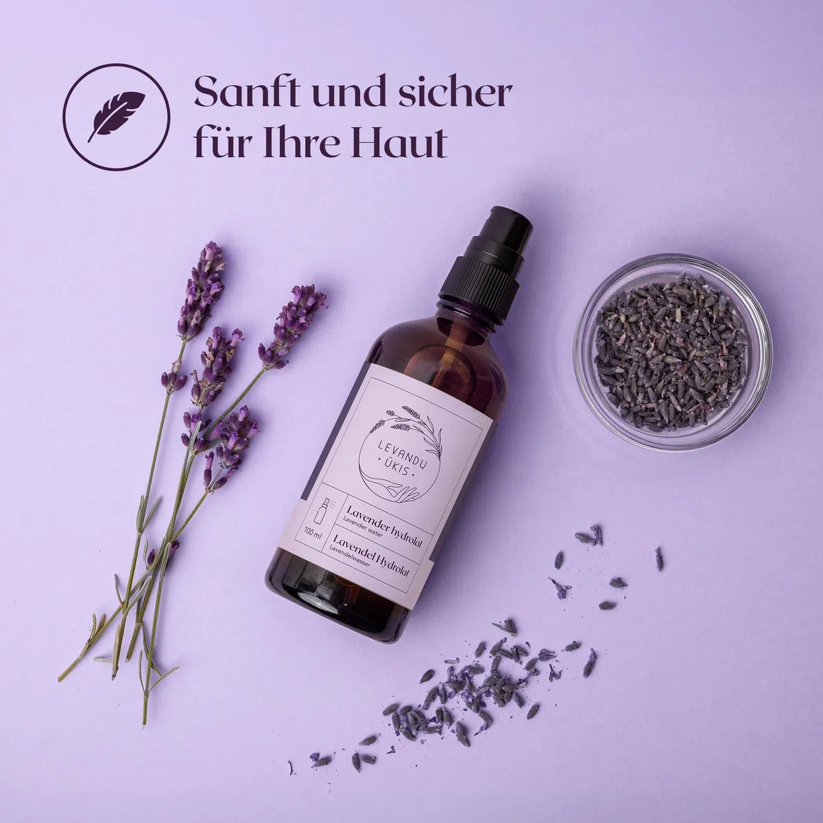 Idrolato Lavanda 100% Naturale per Viso e Bambini, Tonico Lenitivo Spray Biologico per Pelle Sensibile, Acqua Floreale Distillata 100ml - Levandu Ukis