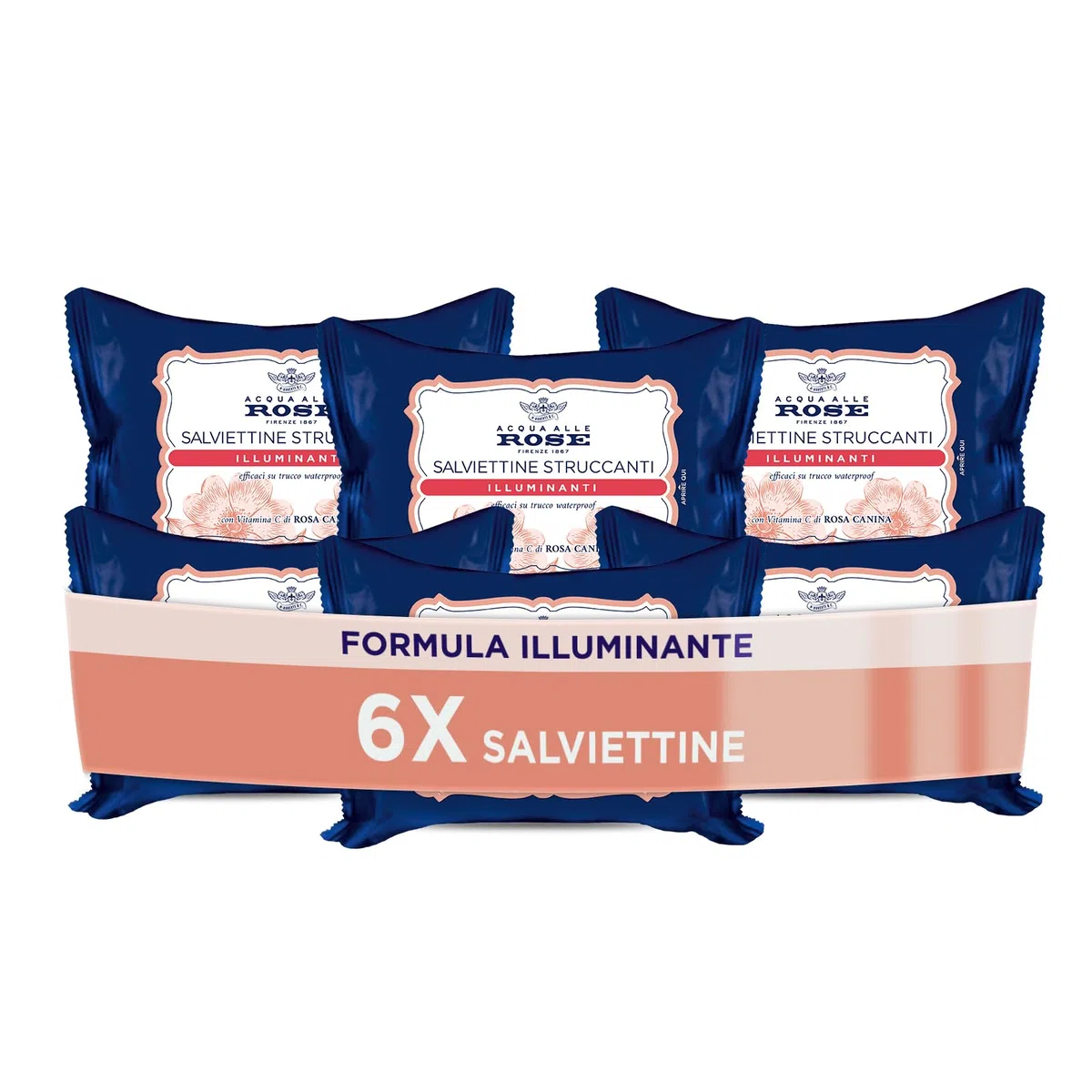 Acqua alle Rose, Salviettine Struccanti Illuminanti per Pelli Spente e Opache, con Vitamina C di Rosa Canina Energizzante, Azione Struccante su Viso, Occhi e Labbra, 6 Confezioni da 20 Salviettine