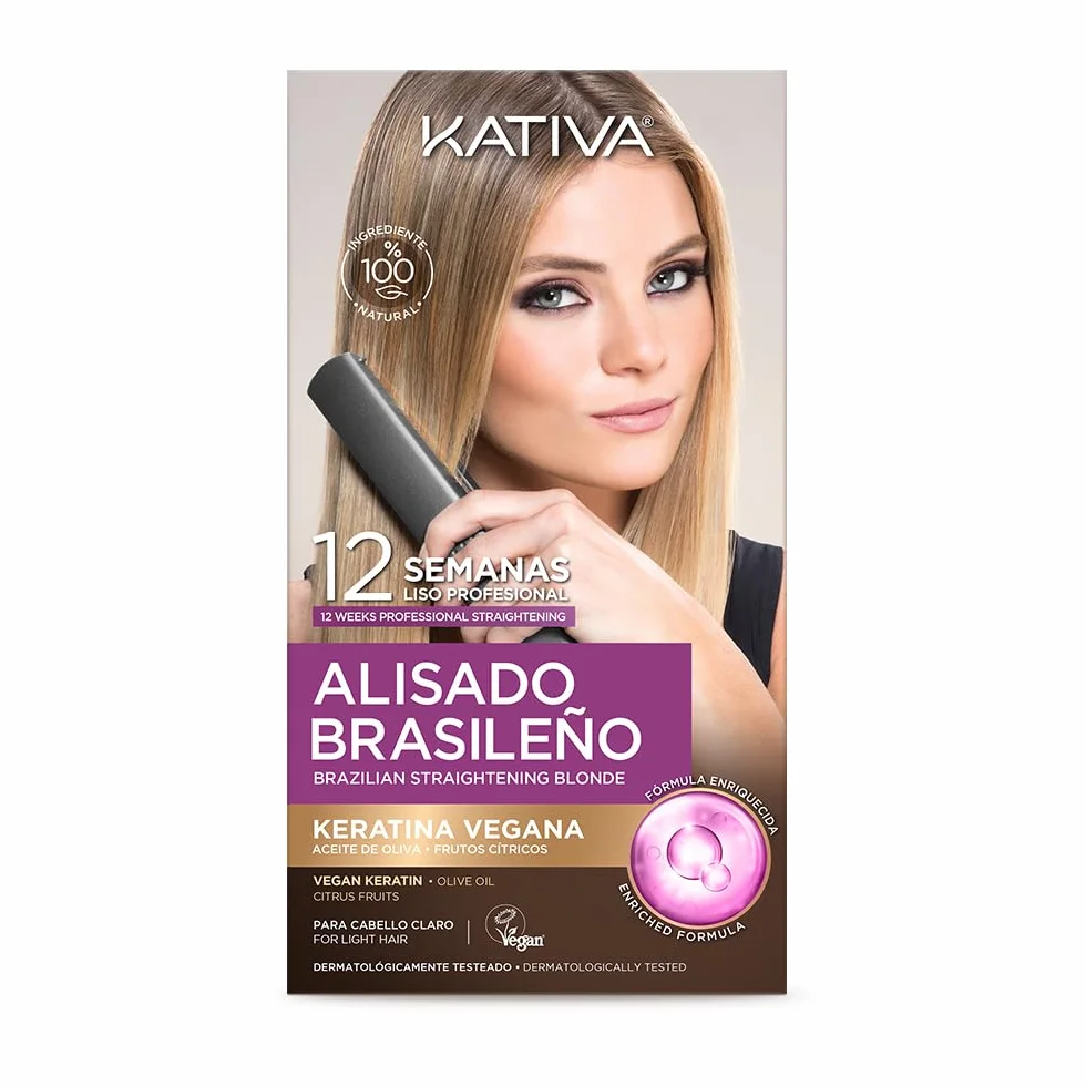 Kativa Kit lisciante brasiliano per capelli biondi tinti o con stoppini - Nuova formula con cheratina vegana - Trattamento lisciante professionale a casa - fino a 12 settimane di durata - Facile da