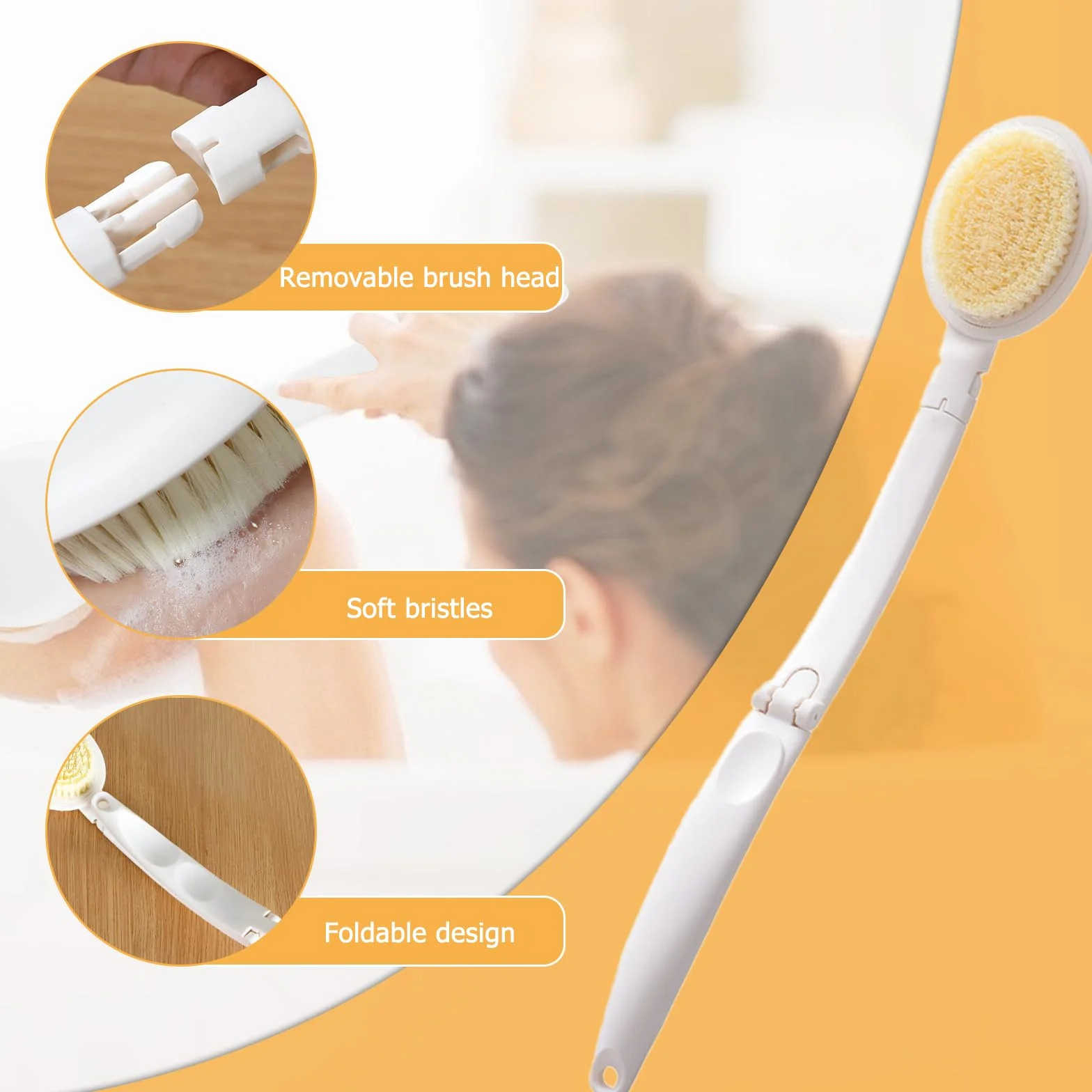 3 in 1 Spazzola per la schiena Doccia, con manico lungo pieghevole, applicatore per lozione da doccia, con testine intercambiabili (spugna, nylon, pietra pomice)