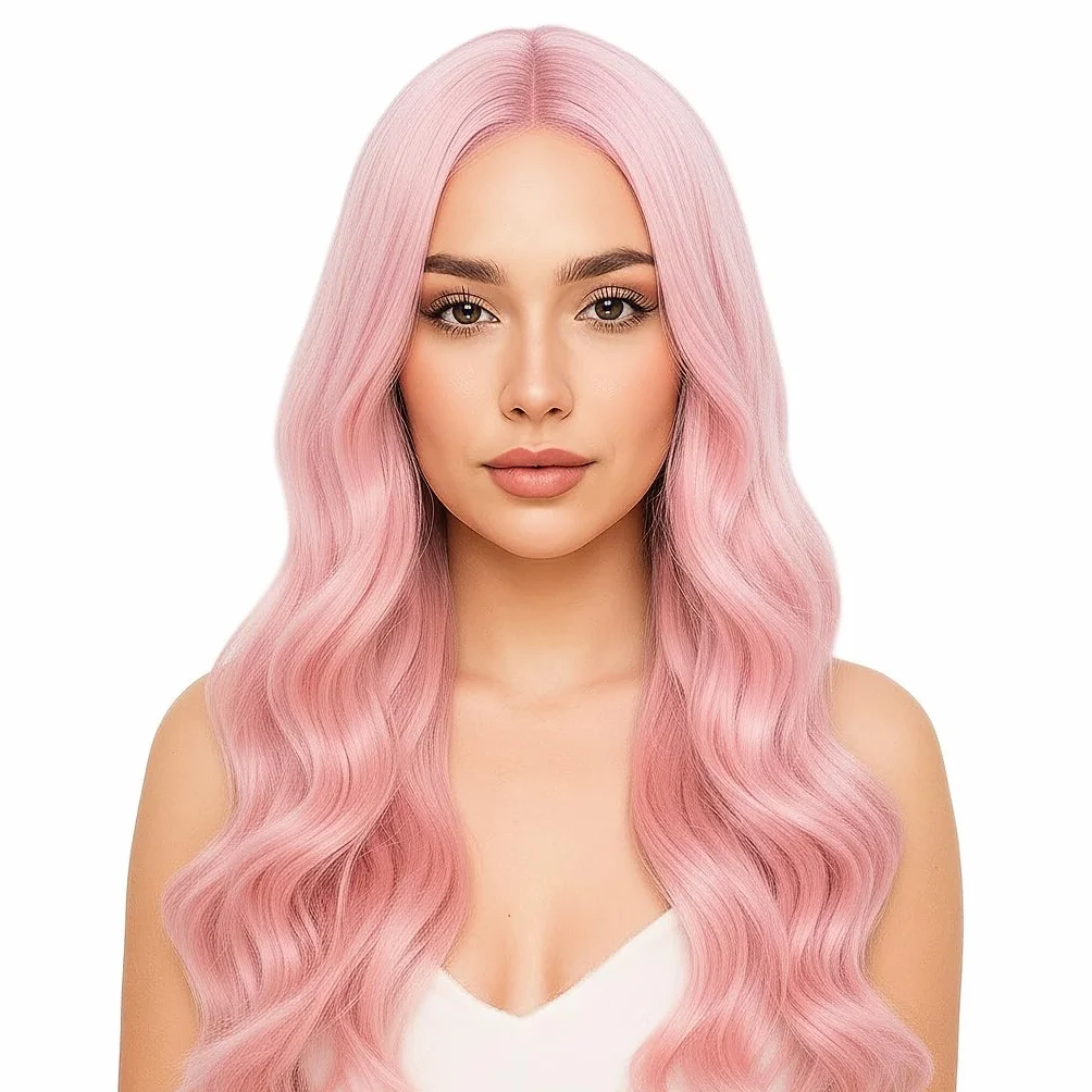 Lungo Ondulato Parrucca Rosa per Donne, 27 Pollici/70CM Lungo Ondulato Parrucche, Sintetico Parrucca Ricci Resistente al Calore, Cosplay Lunga Capelli della Signora di Modo Festa