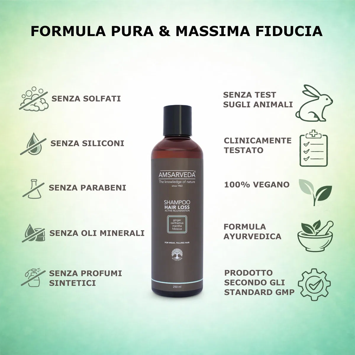 Amsarveda Hair Loss Active Rejuvenation Shampoo – 100% naturale, ayurvedico, pulizia intensa, nutriente, senza parabeni e solfati, 250 ml