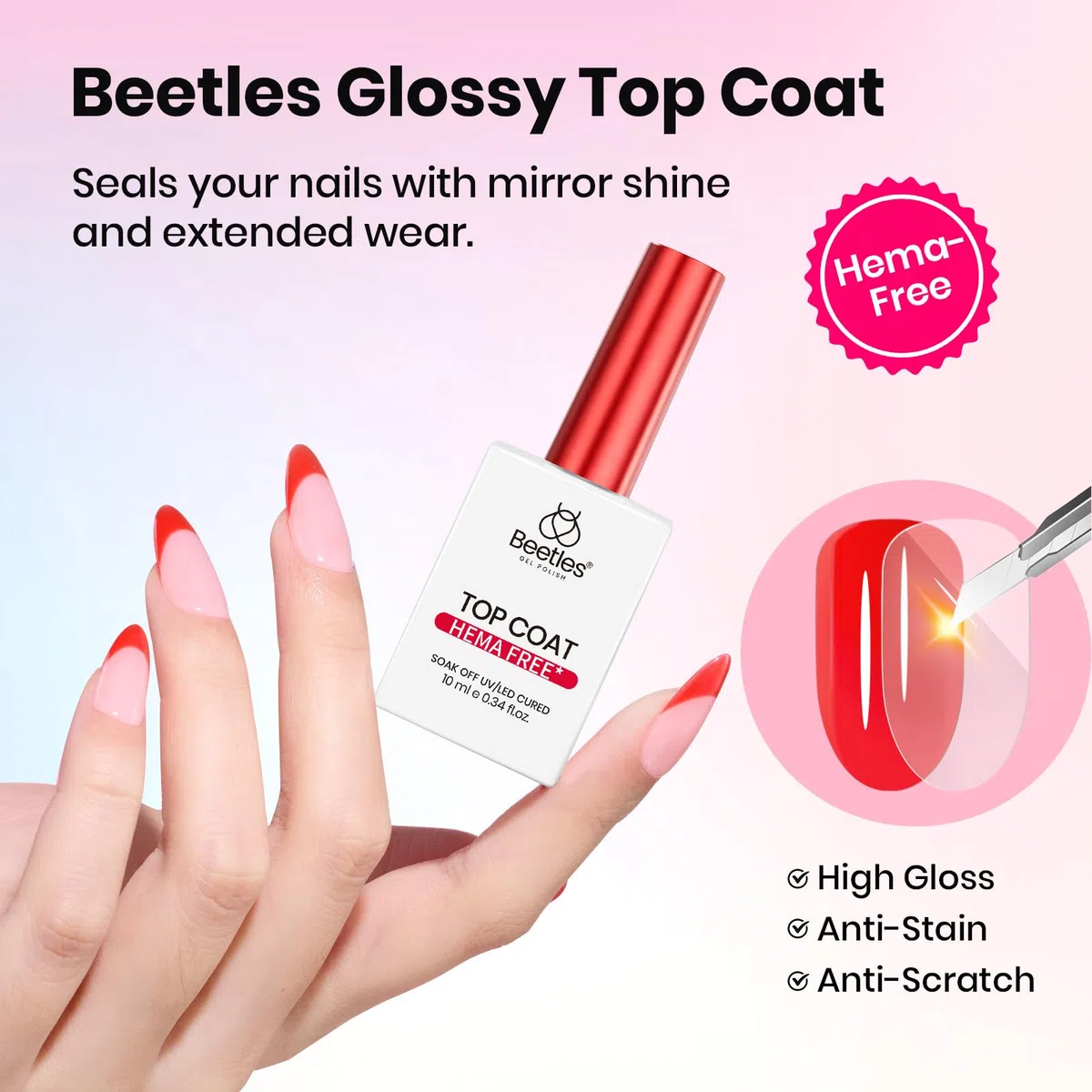 Beetles Hema - Set top coat e base coat con top coat opaco, 3 pezzi per smalto gel Soak-Off, LED UV, finitura lucida e opaca di lunga durata