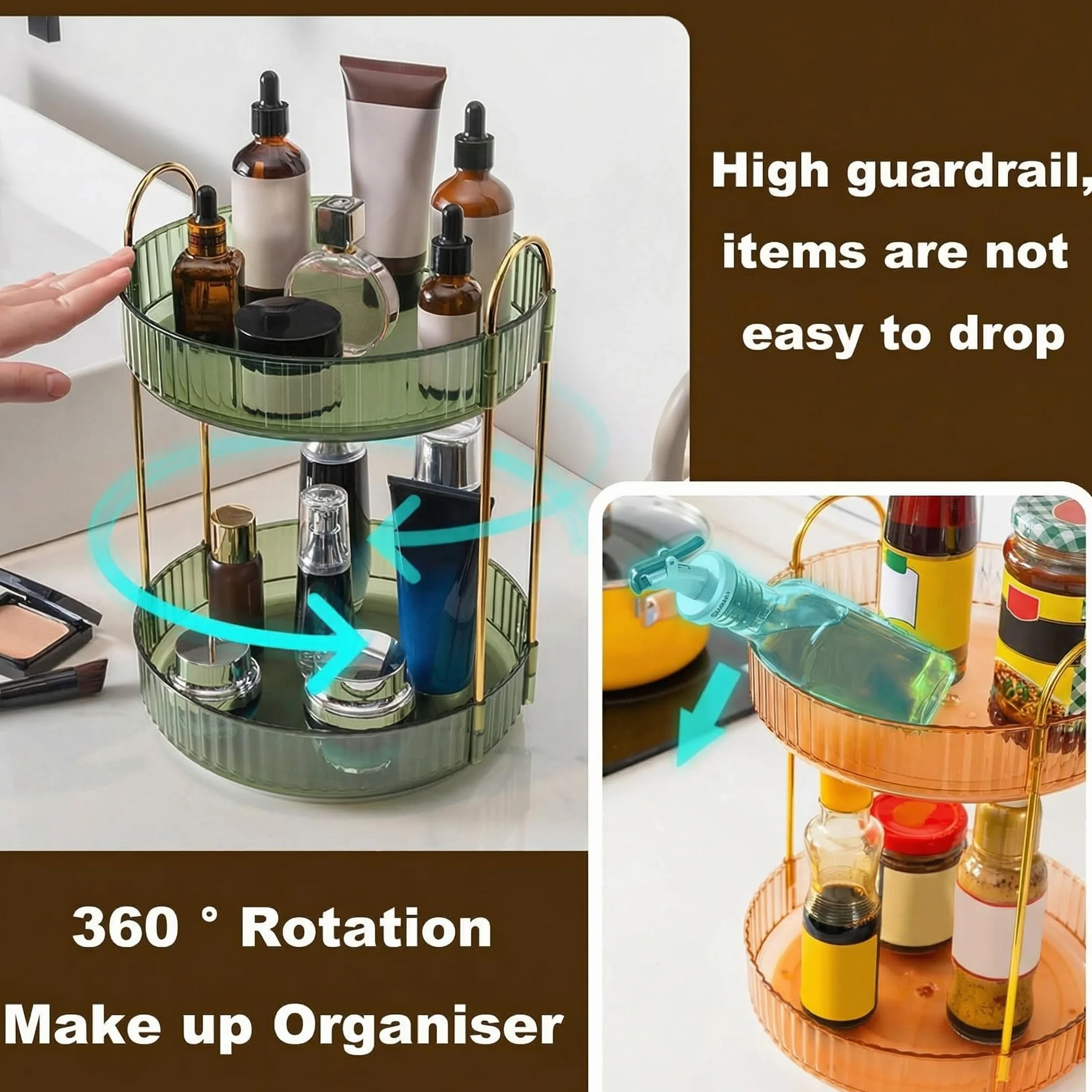 Organizzatore per trucchi rotante a 360 gradi, organizer per cosmetici per la cura della pelle, organizer per profumi, spezie, per comò, camera da letto, bagno (2 ripiani, oro)