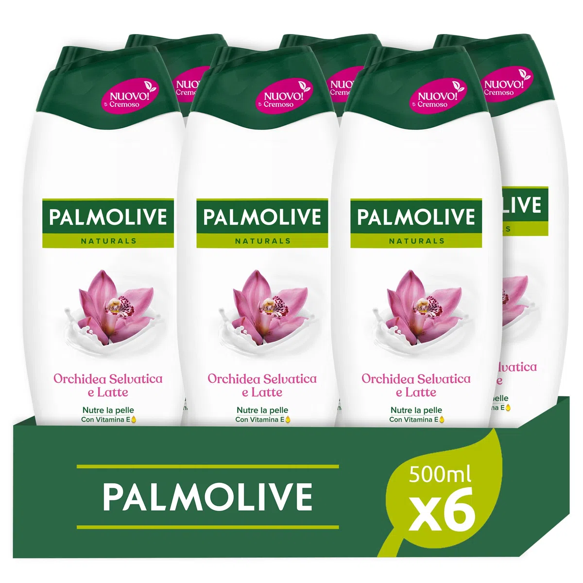 Palmolive Bagnoschiuma Naturals Orchidea e Latte 500ml | Bagnodoccia con vitamina E | Lascia la pelle morbida | Con latte di mandorla di origine vegetale 6 x 500 ml