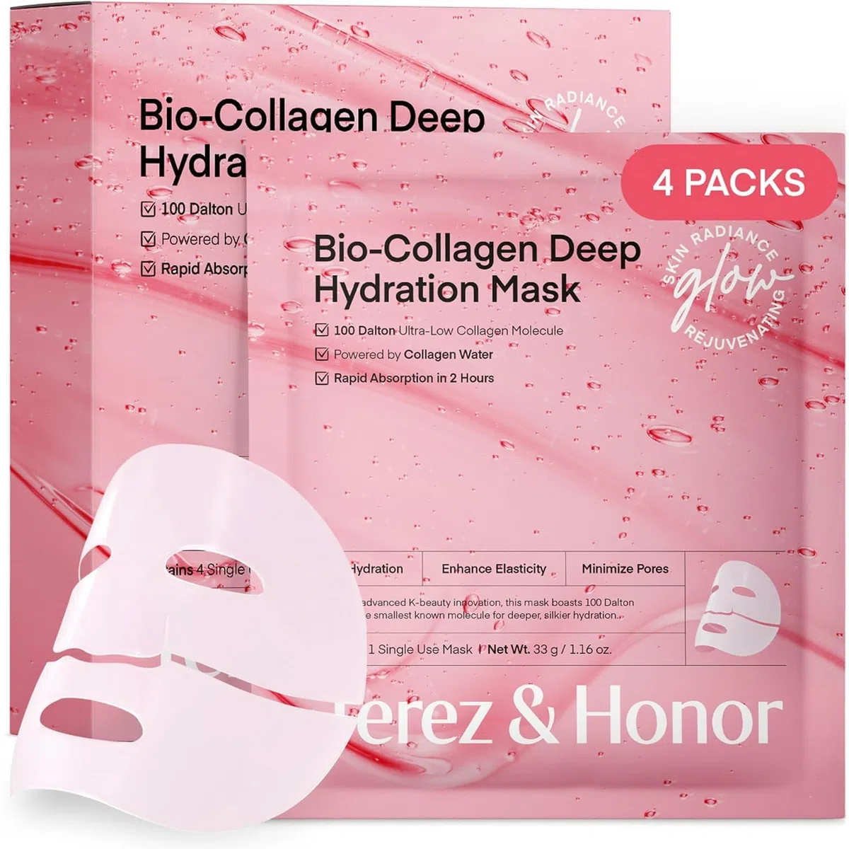Maschera viso al collagene coreana: 4 x 33g Real Deep Bio Collagen Mask Korean Skincare - Effetto vetro, riduzione pori, idratazione profonda, antirughe, elasticità e compattezza, senza fragranza