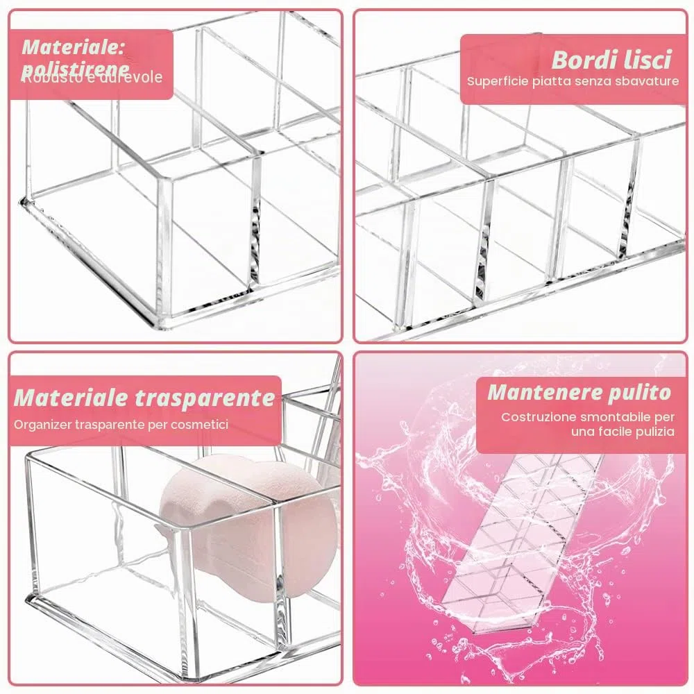 QINERSAW 2 Organizer per Trucchi 8 Scomparti in Acrilico Organizer Trucchi Trasparente Rimovibili Scatola Portaoggetti per Cosmetici per bagno, Camera da Letto (25.3 * 9 * 4.8CM)