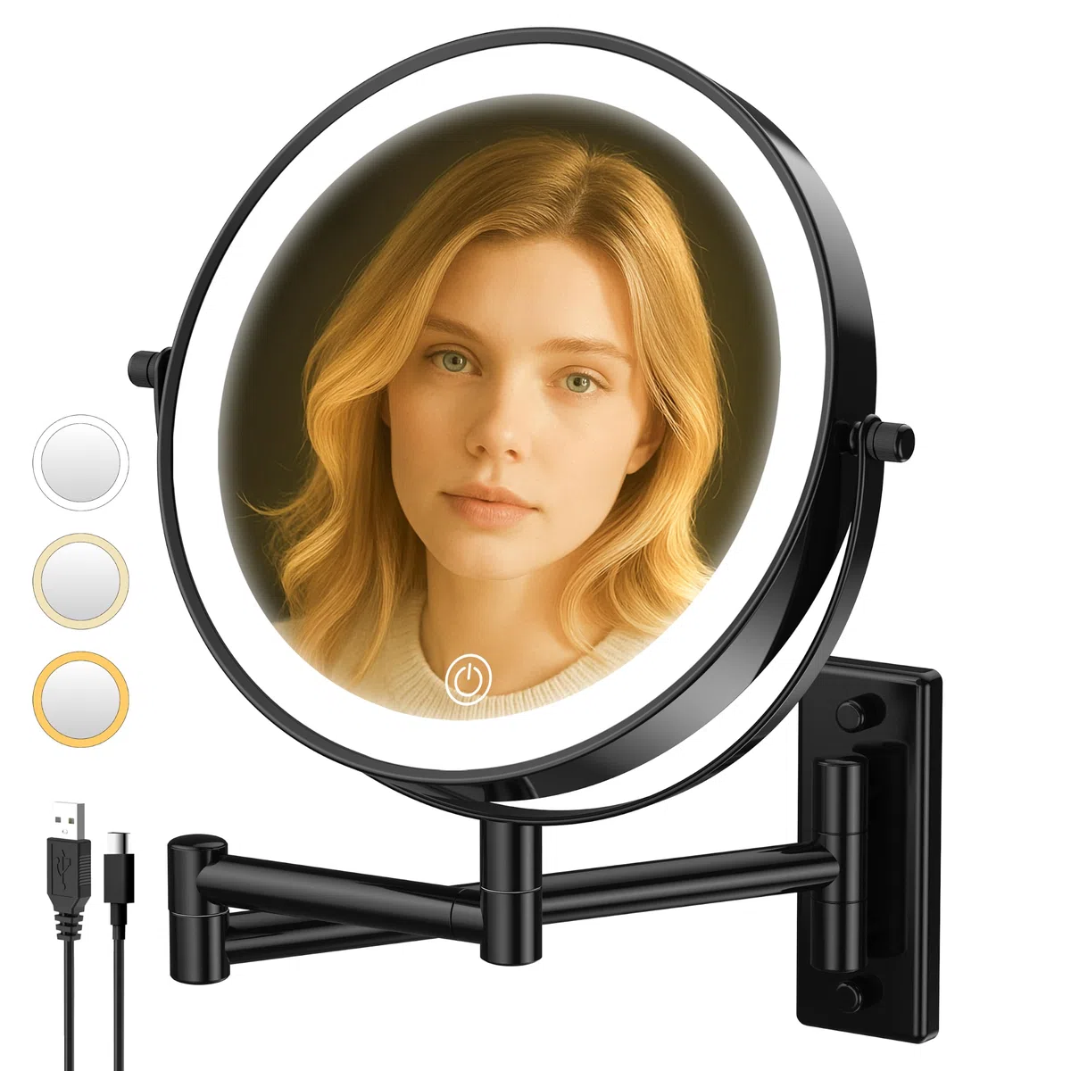 Specchio ingranditore illuminato da parete 10X specchio da trucco con 3 modalità di colore touch screen dimmerabile ricarica USB specchio da trucco allungabile a doppio lato da 20 cm finitura nera.