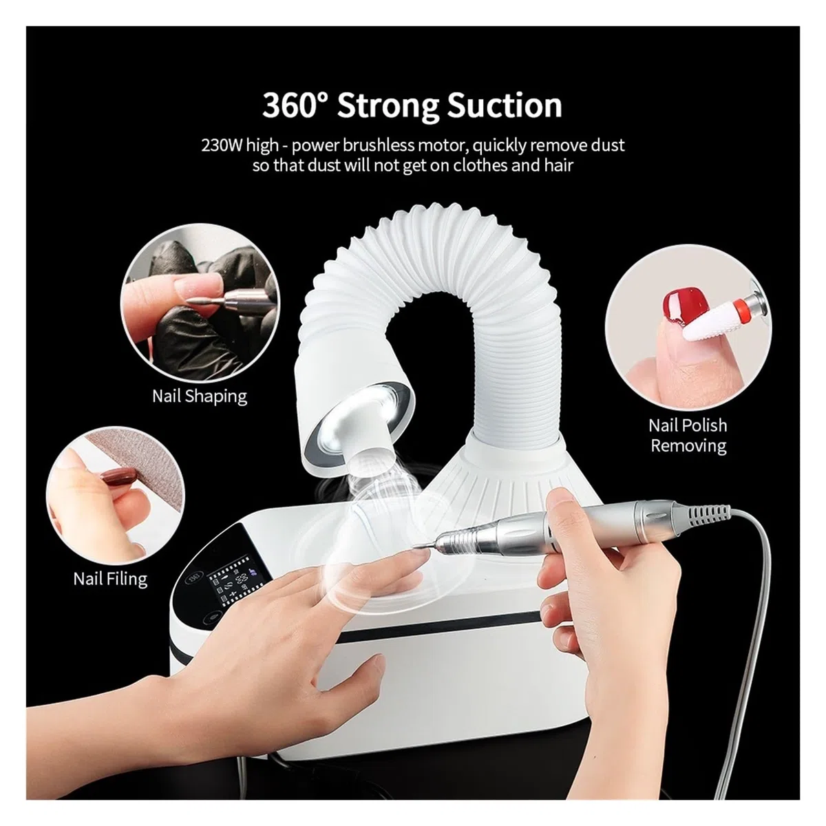 Aspiratore Unghie, 230W Forte Aspirazione Aspirapolvere for unghie LED Collettore di polveri for 35000 giri/min Penna for trapano for Rimozione veloce dello smalto Strumenti for nail art