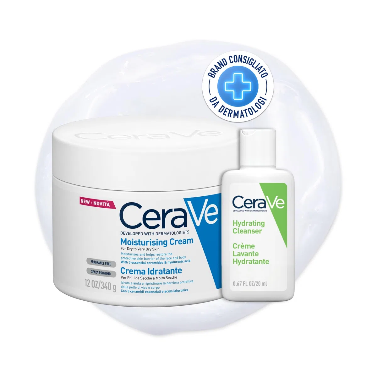 CeraVe Kit Corpo e Viaggio, Crema Idratante Viso e Corpo, Per Pelle Secca, Con Acido Ialuronico, 340 g + Detergente Idratante Viso da Viaggio, Per Pelli da Normali a Secche, 20 ml