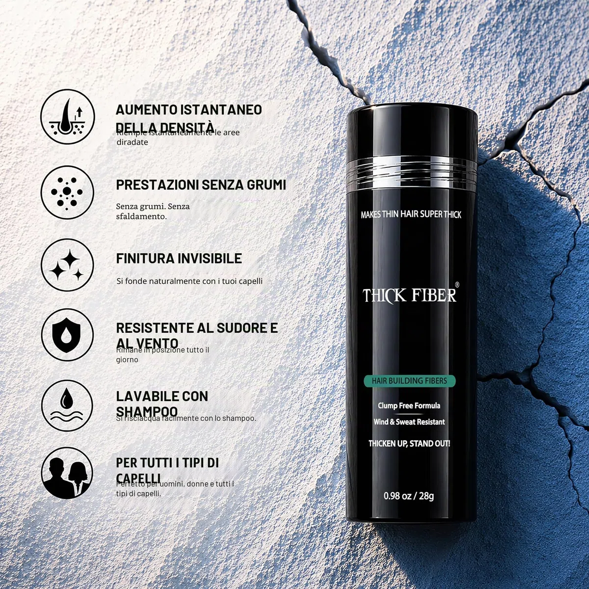 THICK FIBER, Fibre dei capelli, Fibre per la ricostruzione dei capelli, per il diradamento dei capelli,25 g confezione da 1, castano scuro, polvere per capelli, flacone da