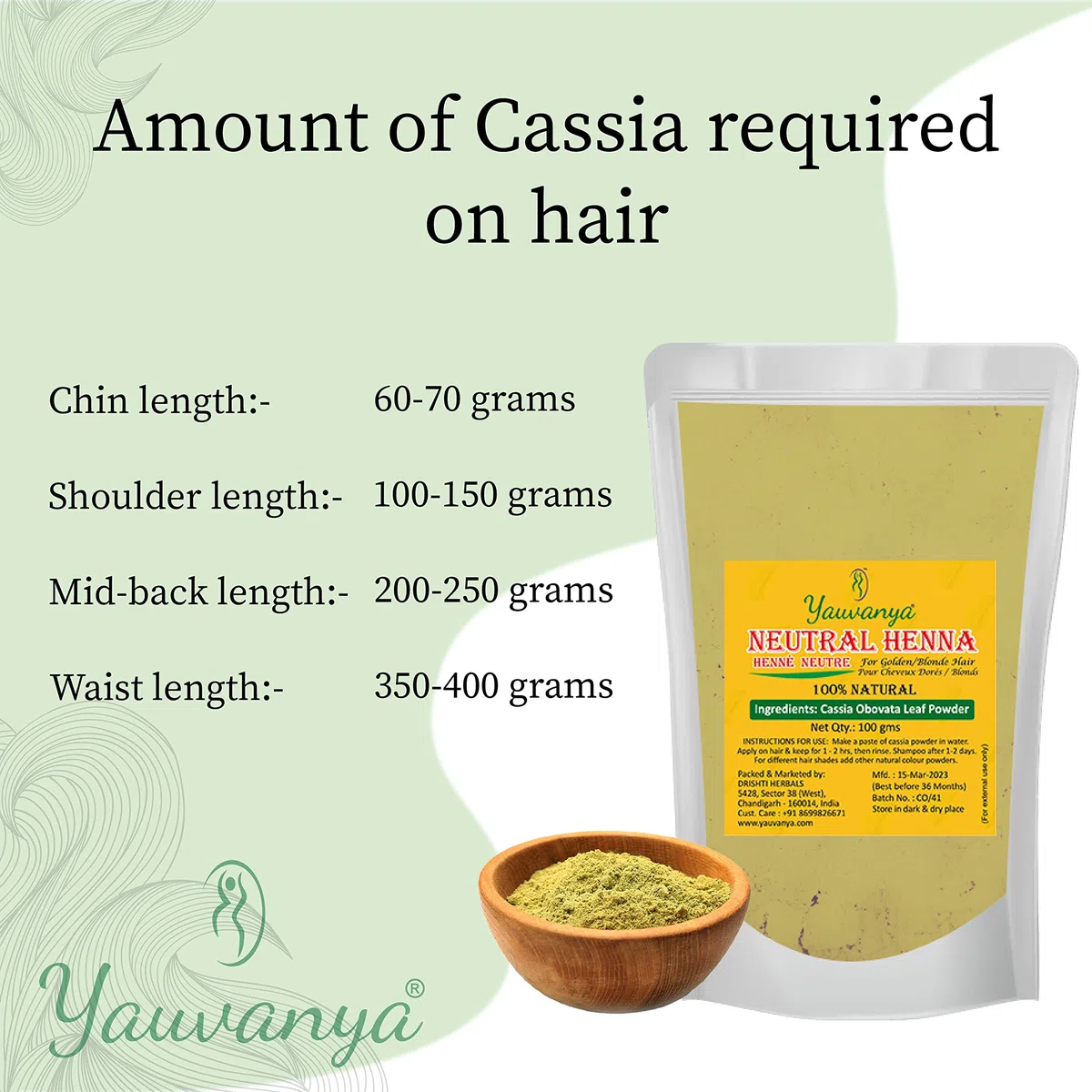 Polvere Yauvanya 100% pura di cassia (henné neutro) - 3X100 grammi per capelli biondi/dorati