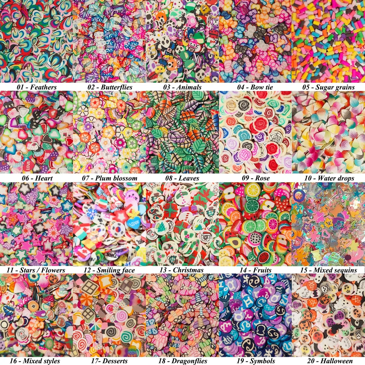 16000 pezzi (20 stili) Charms di Fette d'argilla, VEINARDYL Fette di arte del chiodo Argilla polimerica 3D Frutto Cuore Fiore per l'artigianato Produzione di melma di resina Decorazione del cellulare